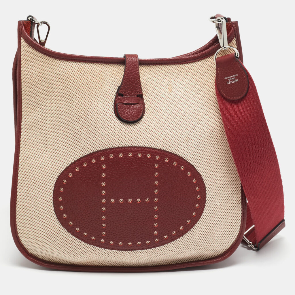Hermes Rouge H/Beige Taurillon Clemence Leather and Canvas Evelyne III PM Bag Hermes Rouge H/Beige Taurillon Clemence Leather and Canvas Evelyne III PM Bag