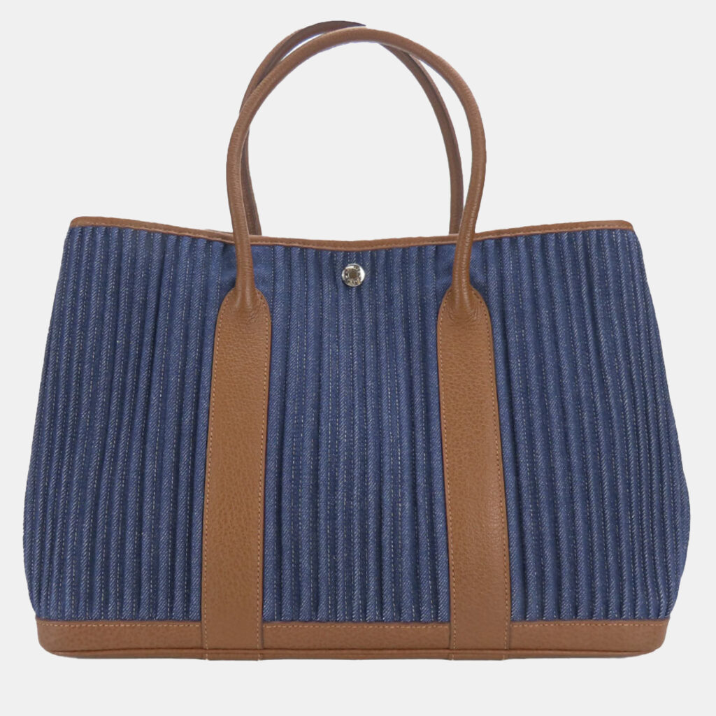 Hermes Tote Bag Garden 36 Denim Leather Pal Blue Indigo Indian Brown
