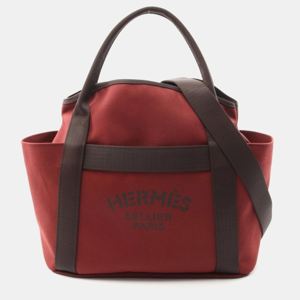Hermes Sac De Pansage Rouge H Toile Chevron Canvas Tote Bag