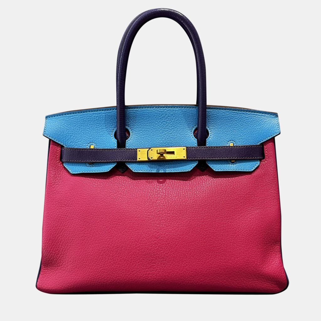 Hermes Birkin 30 Rose Jaipur Lagoon Blue Iris Purple Goat Leather Tote Bag