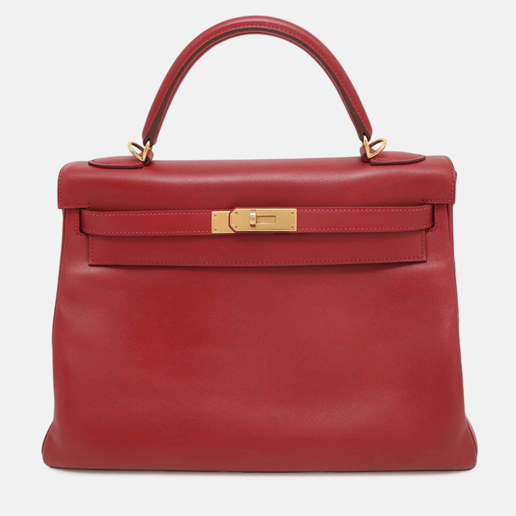 Hermes Kelly Retourne 32 Rouge Vif Box Calf Leather Handbag