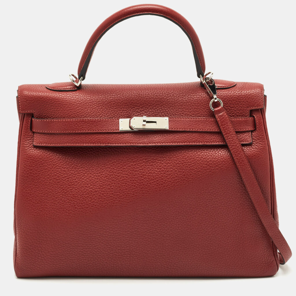 Hermès Rouge Grenat Clemence Leather Palladium Finish Kelly Retourne 35 Bag