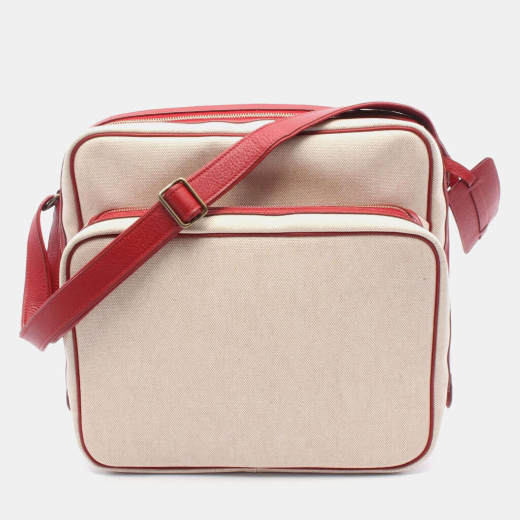 Hermes Victoria Beige Red Toile H Clemence Leather Shoulder Bag Hermes Victoria Beige Red Toile H Clemence Leather Shoulder Bag