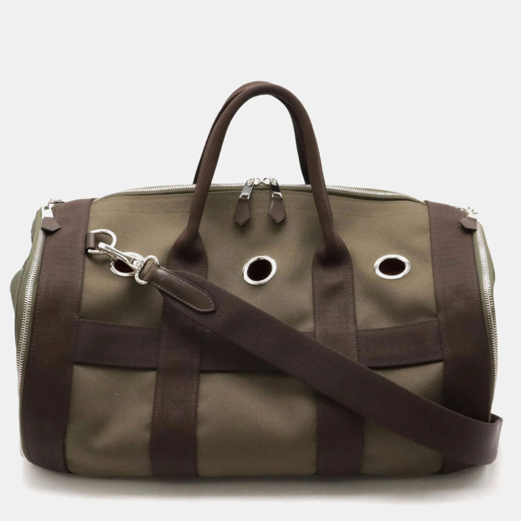 Hermes Dog Carrier Khaki/Dark Brown Canvas and Leather Shoulder Bag Hermes Dog Carrier Khaki/Dark Brown Canvas and Leather Shoulder Bag
