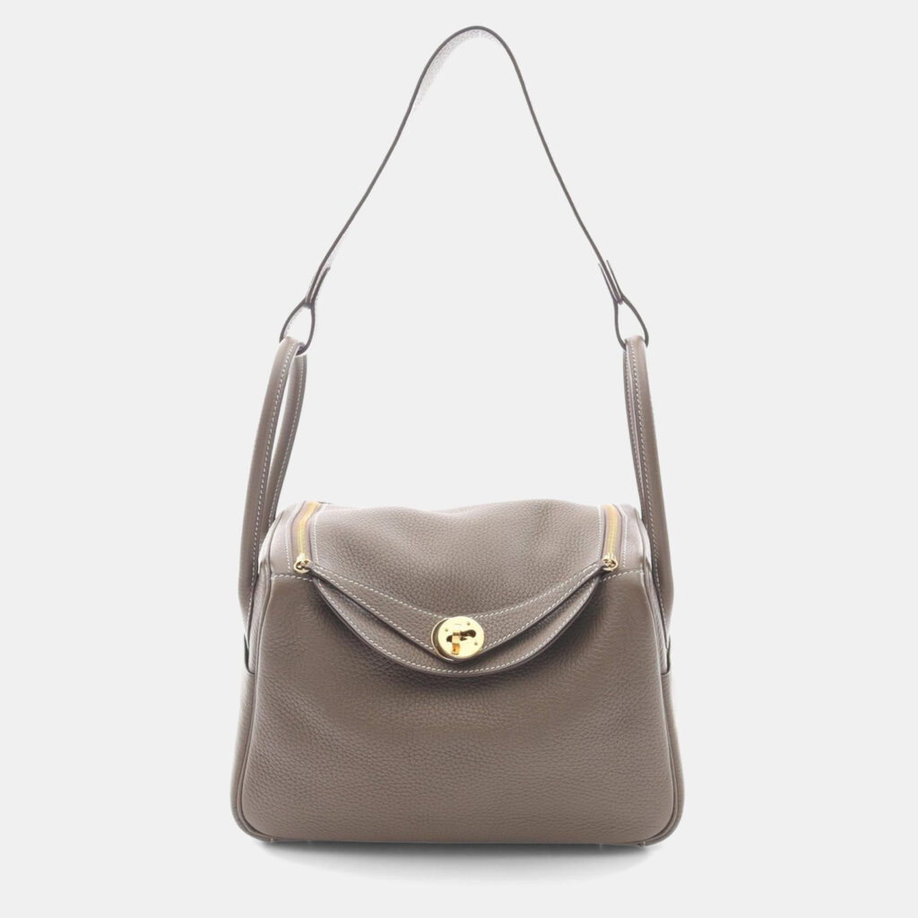 Hermes Lindy 26 Shoulder Bag Clemence Leather Brown Etoupe Grey Hermes Lindy 26 Shoulder Bag Clemence Leather Brown Etoupe Grey