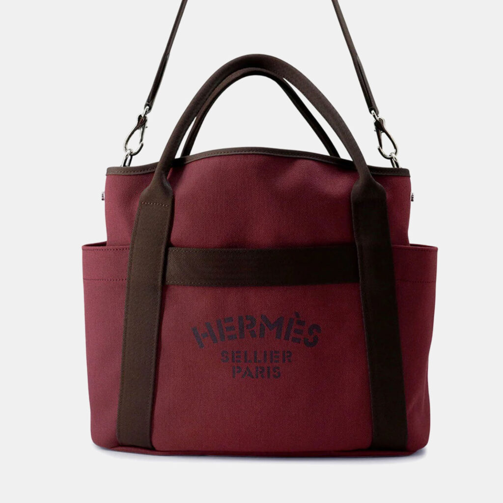 Hermes Sucked Pansage Groom Rouge H/Chocolat Toile Chevrons Canvas Bag