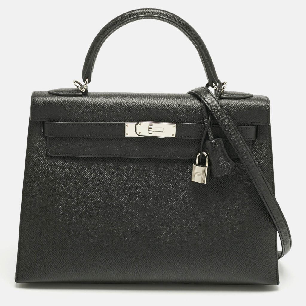 Hermes Noir Epsom Leather Palladium Finish Kelly Sellier 32 Bag