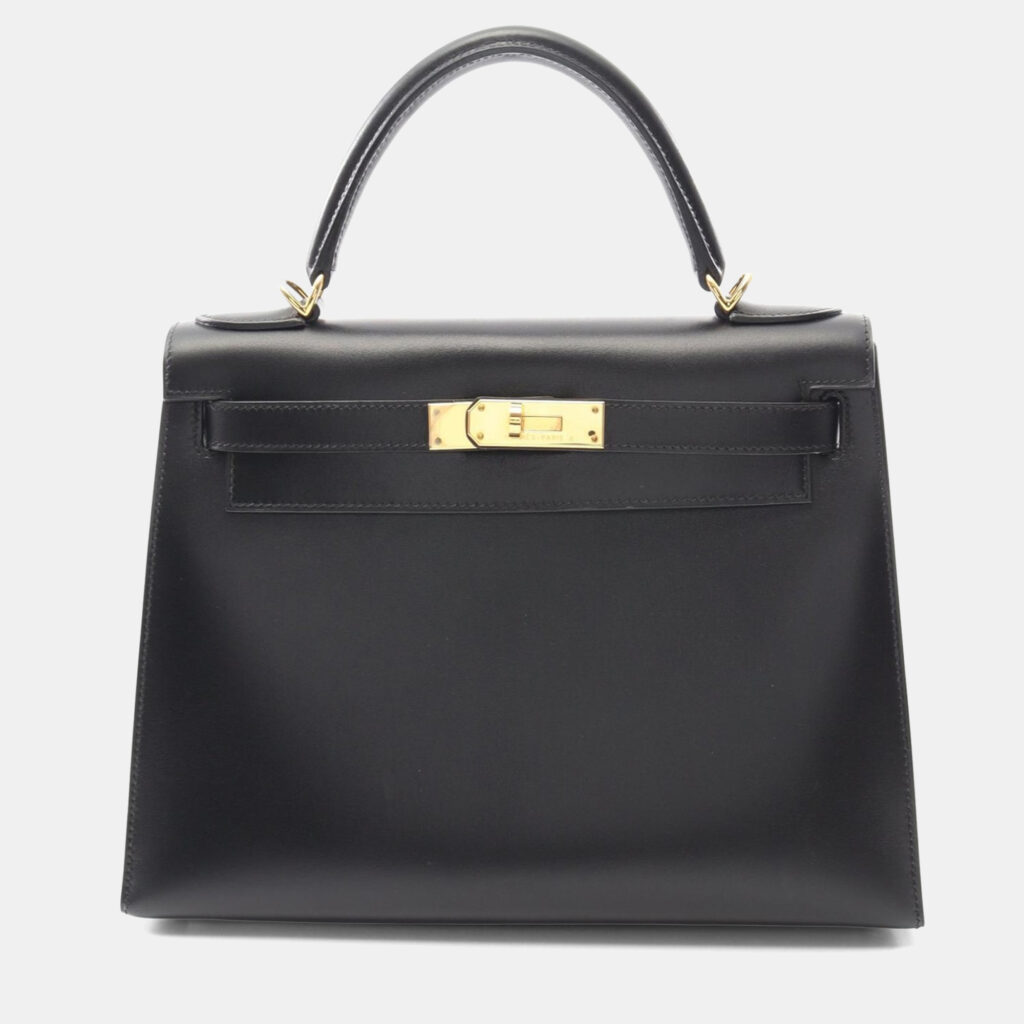 Hermes Kelly 28 Black Box Calf Leather Top Handle Bag