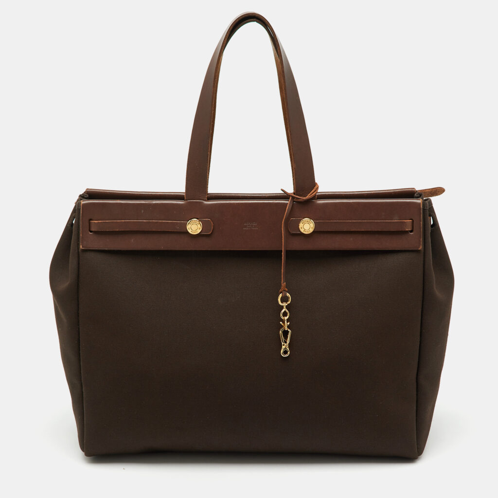 Hermes Chocolate/Terre Toile Canvas and Vache Hunter Herbag Cabas MM Bag Hermes Chocolate/Terre Toile Canvas and Vache Hunter Herbag Cabas MM Bag
