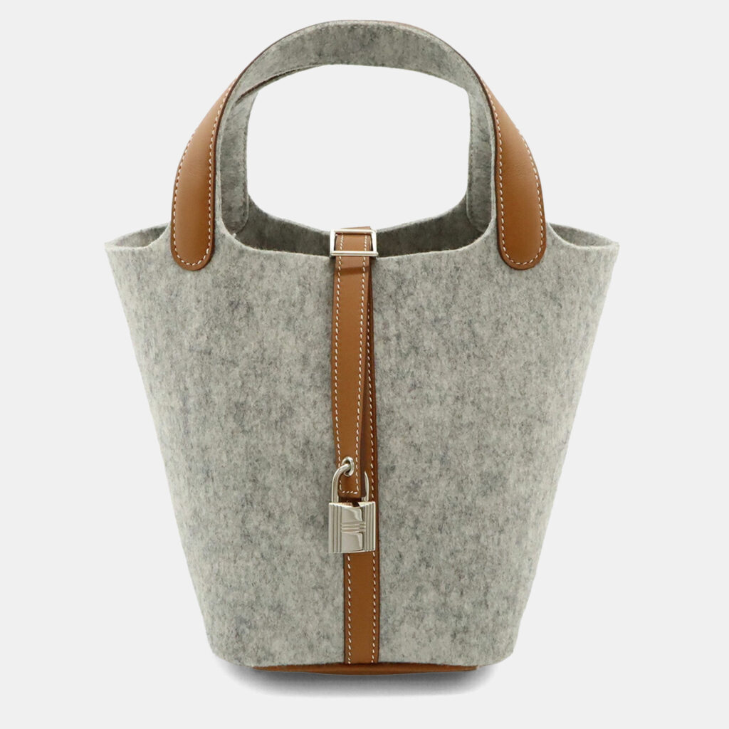 Hermes Picotin Lock Pm Handbag/Tote Bag In Felt Swift Leather Gripere Gray Gold Hermes Picotin Lock Pm Handbag/Tote Bag In Felt Swift Leather Gripere Gray Gold