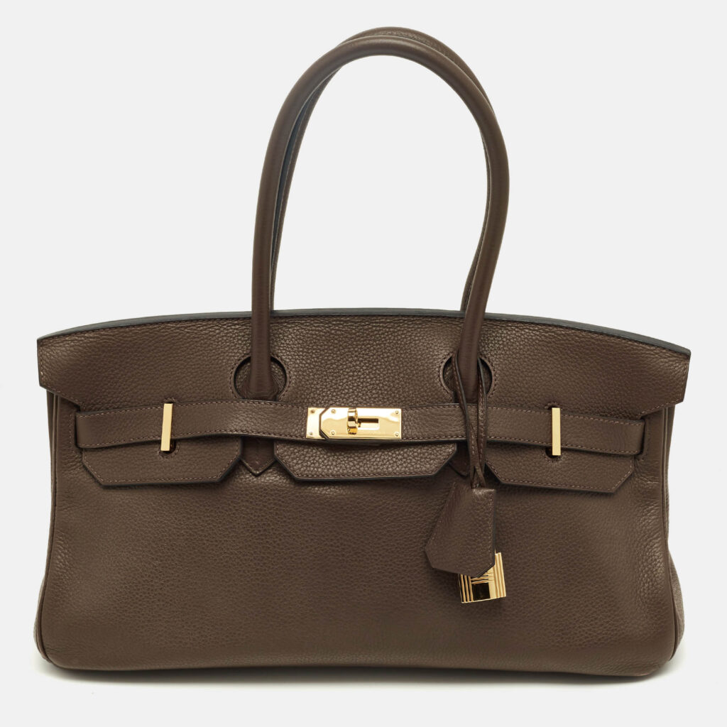 Hermès Chocolat Taurillon Clemence Leather Gold Finish Shoulder Birkin JPG 42 Bag