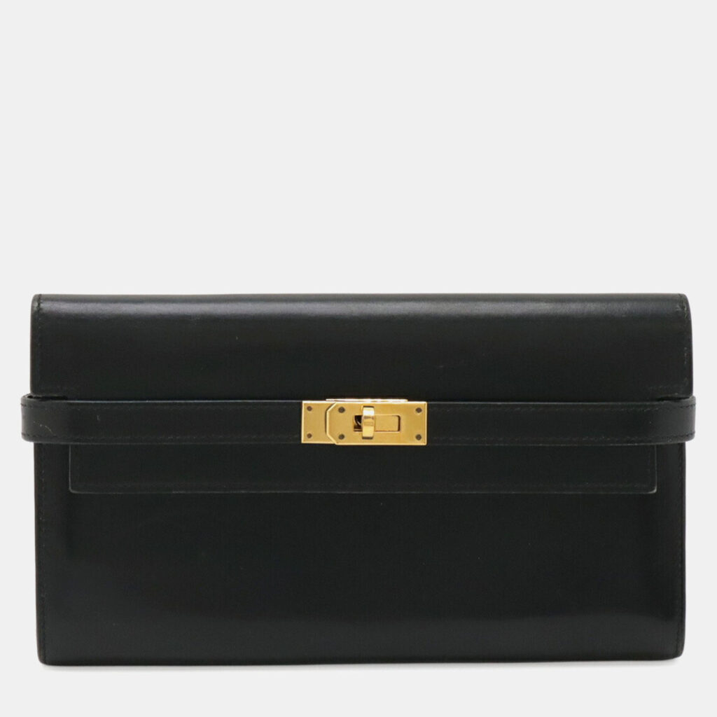 Hermes Kelly Wallet Long Bi-Fold Box Calf Leather Black