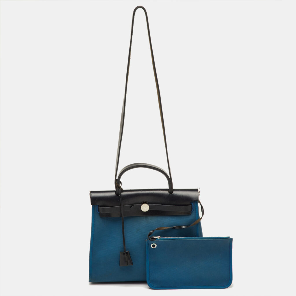 Hermès Bleu Frida/Black Toile Canvas and Vache Hunter Herbag Zip 31 Bag