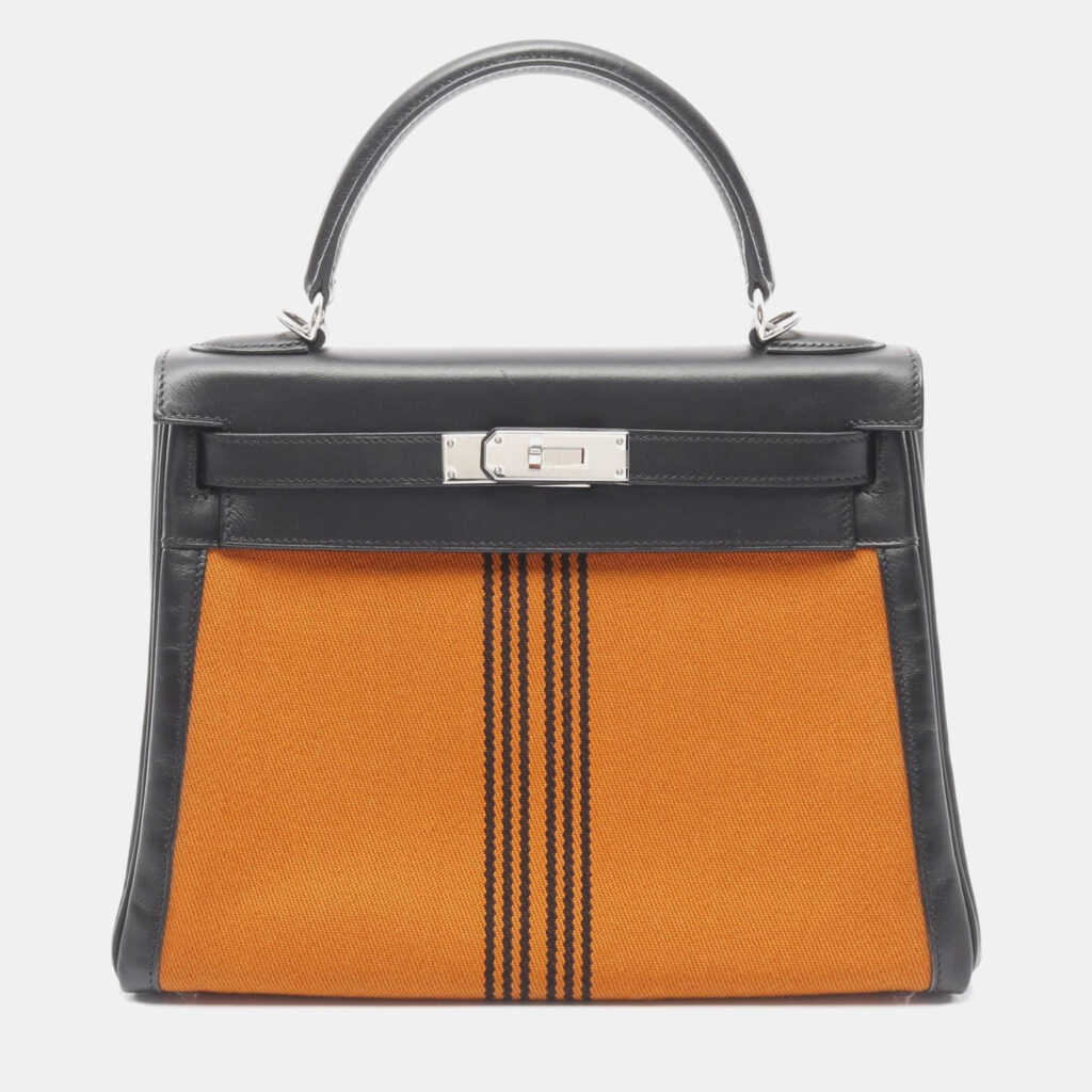 Hermes Kelly 28 Black Orange Box Calf Leather Toile Potamos Shoulder Bag Hermes Kelly 28 Black Orange Box Calf Leather Toile Potamos Shoulder Bag