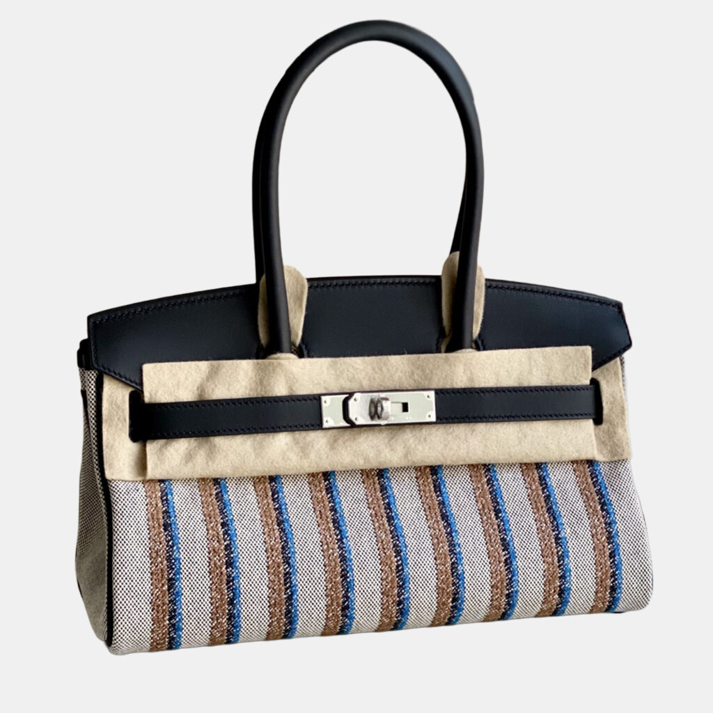 Hermes Shoulder Birkin 29 Black Canvas with Striped Embroidery Palladium Hardware Hermes Shoulder Birkin 29 Black Canvas with Striped Embroidery Palladium Hardware