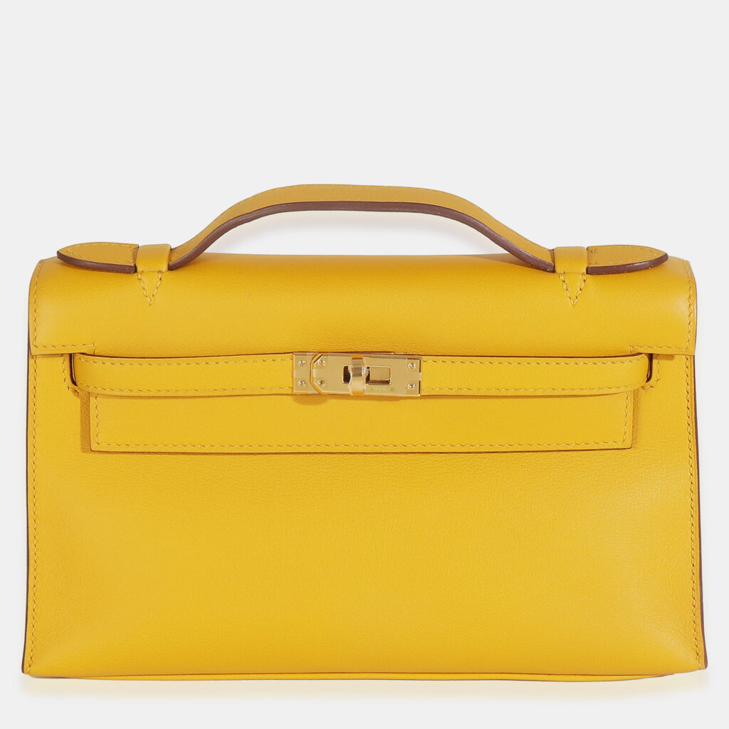 Hermes Jaune Ambre Swift Kelly Pochette GHW Hermes Jaune Ambre Swift Kelly Pochette GHW