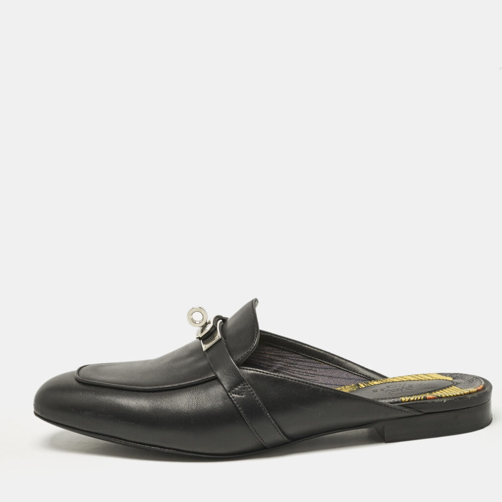 Hermes Black Leather Oz Flat Mules Size 38.5