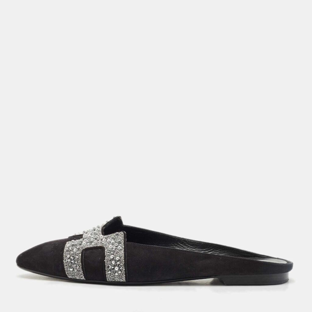Hermes Black/Silver Suede And Crystal Roxane Mules Size 38 Hermes Black/Silver Suede And Crystal Roxane Mules Size 38