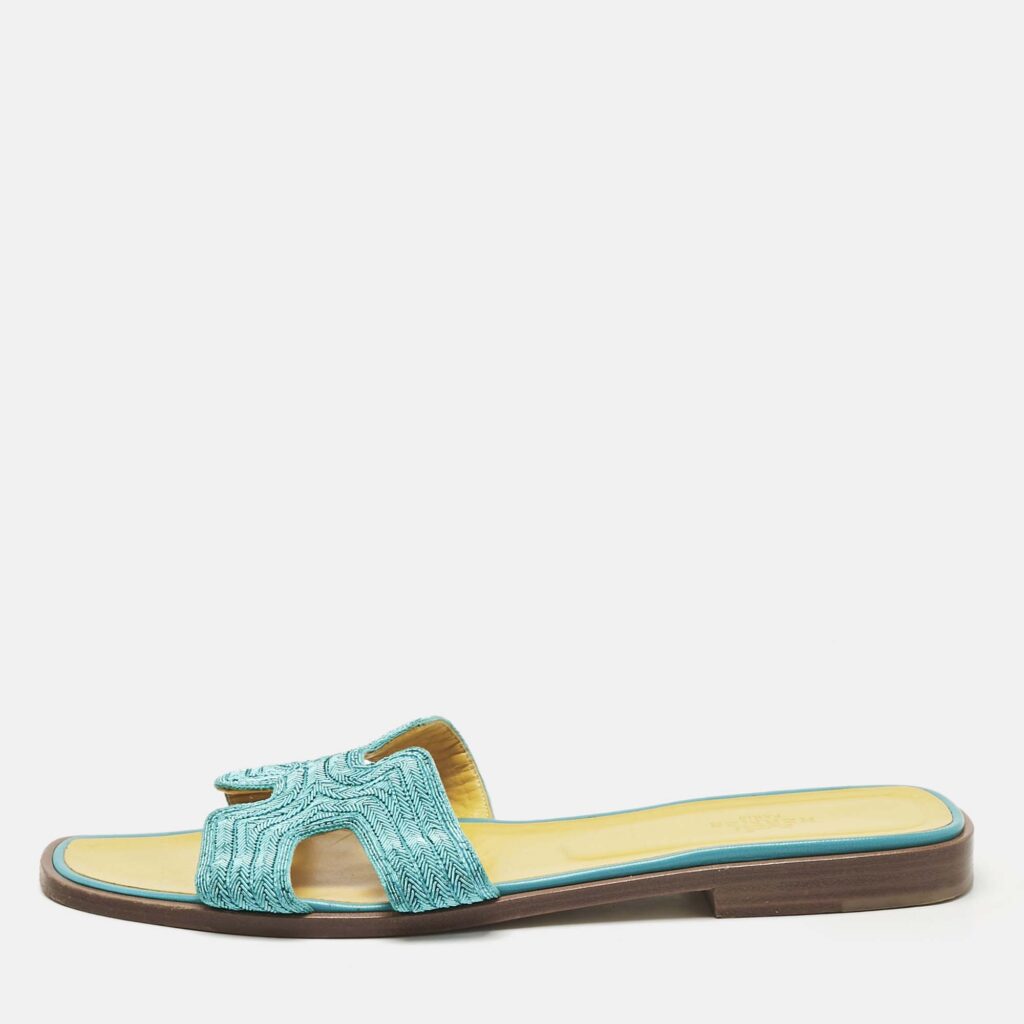 Hermes Blue Twisted Metallic Cord Oran Flat Slide Sandals Size 39.5 Hermes Blue Twisted Metallic Cord Oran Flat Slide Sandals Size 39.5