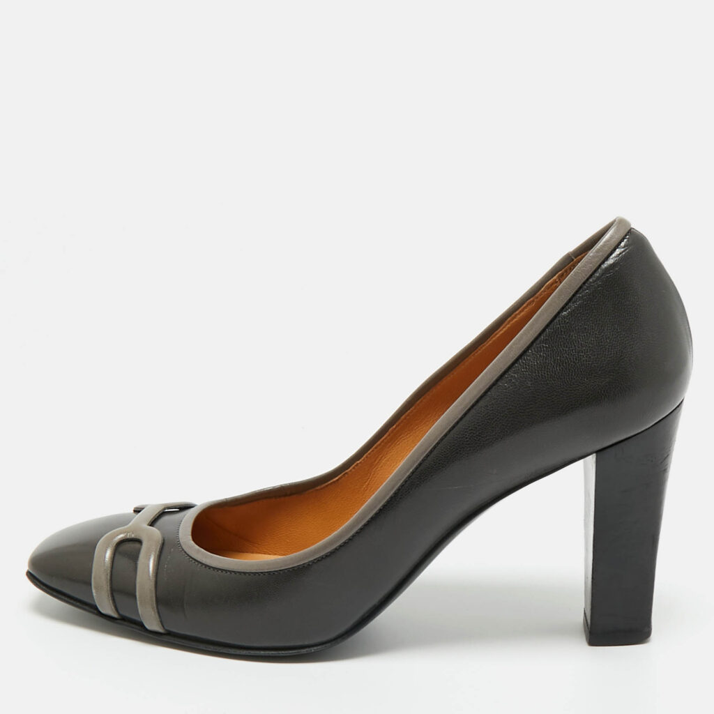 Hermes Grey Leather Block Heel Pumps Size 37
