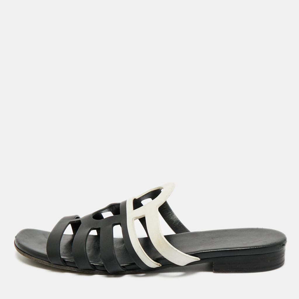 Hermes Black/White Leather Flat Slides Size 40