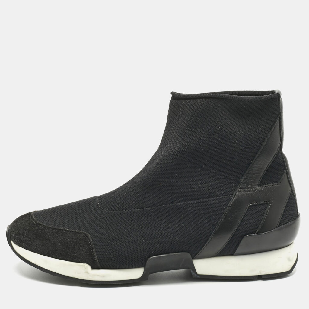 Hermes Black Knit Fabric and Leather Soft High Top Sneakers Size 36
