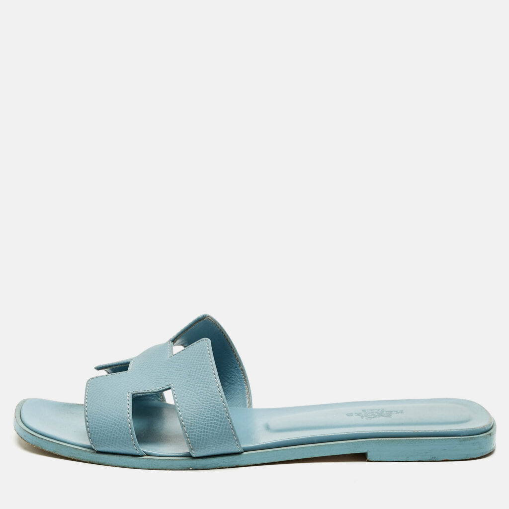 Hermes Blue Leather Oran Flat Slide Sandals Size 38 Hermes Blue Leather Oran Flat Slide Sandals Size 38