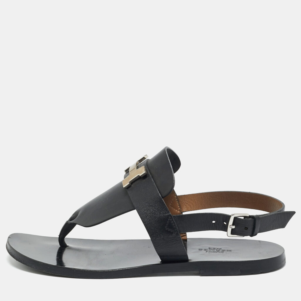 Hermes Black Leather Galerie Slingback Sandals Size 39