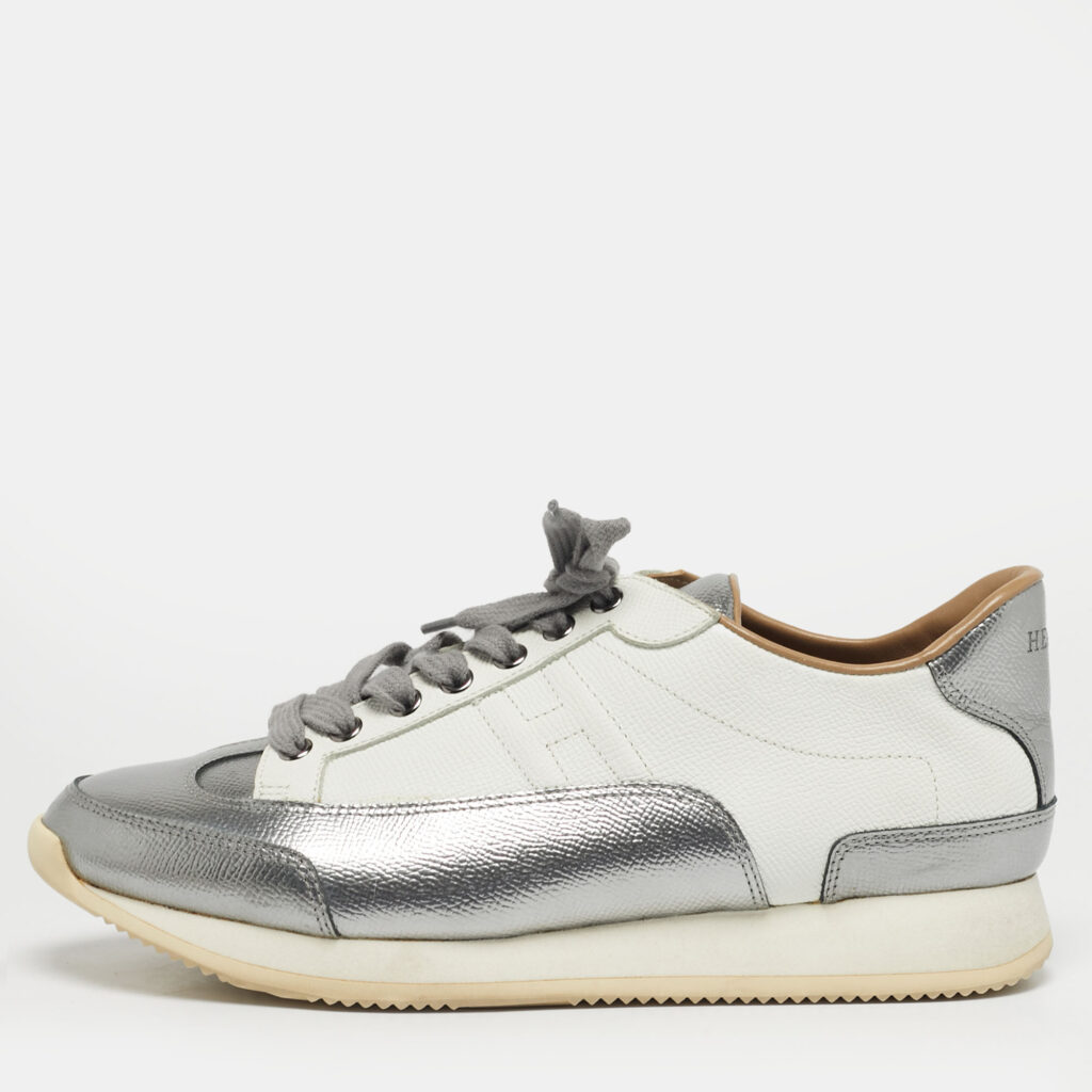 Hermes Metallic Silver/White Leather H Sneakers Size 40