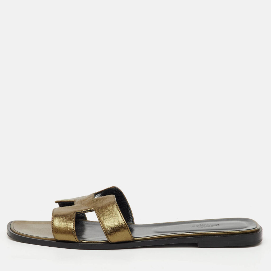 Hermes Brown Metallic Leather Oran Flat Slide Sandals Size 42