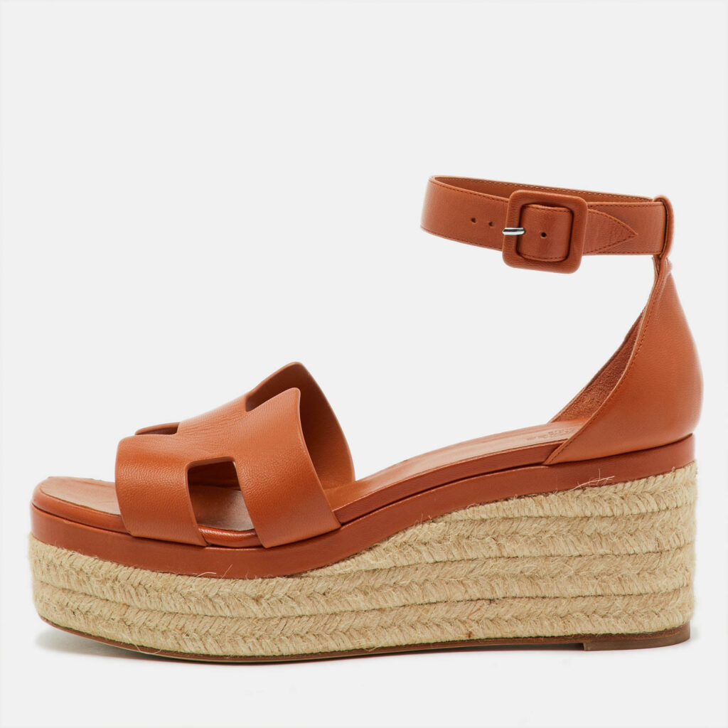 luxury-women-hermes-used-shoes-p1224232-001-1.jpg Hermes Brown Leather Elda Espadrille Platform Sandals Size 41