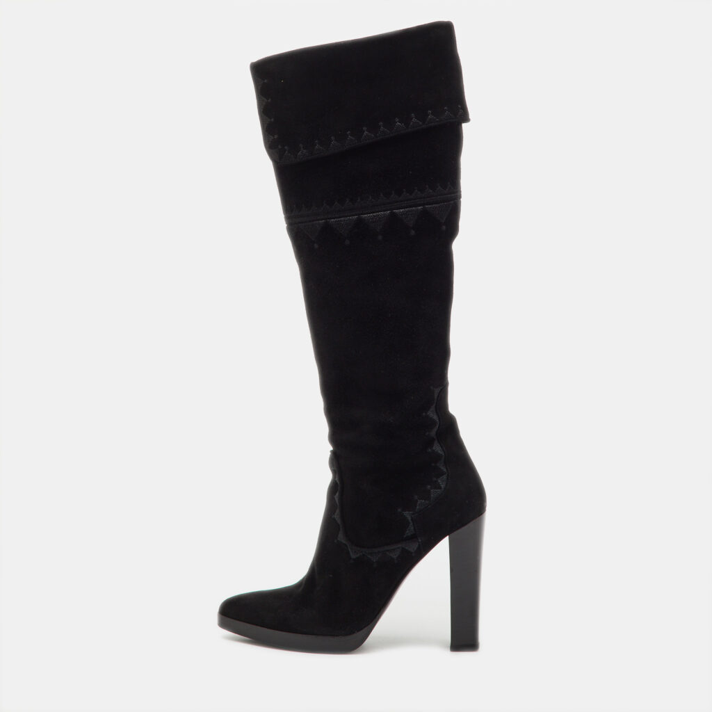luxury-women-hermes-used-shoes-p1224555-001.jpg Hermes Black Suede Crusader Embroidered Knee Length Boots Size 36.5