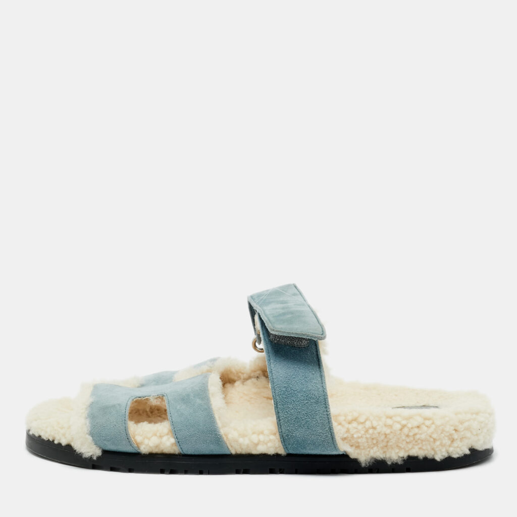 Hermes Blue Shearling Fur and Suede Chypre Slide Sandals Size 39