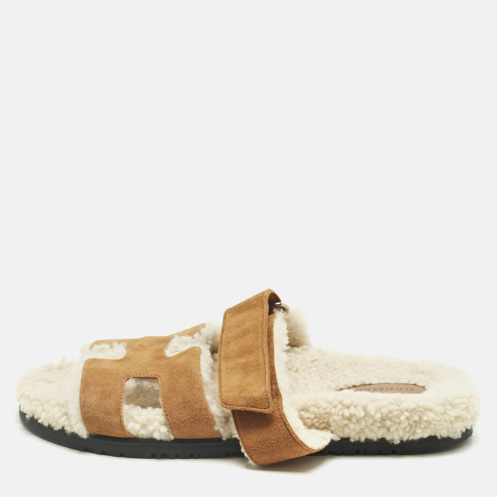 Hermes Brown Suede Shearling Fur Chypre Sandals Size 39.5