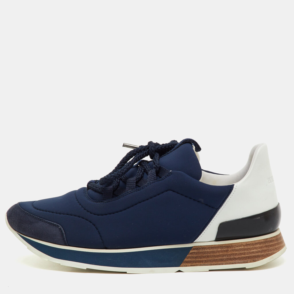 Hermes Navy Blue/White Neoprene and Leather Miles Lace Up Sneakers Size 39.5 Hermes Navy Blue/White Neoprene and Leather Miles Lace Up Sneakers Size 39.5