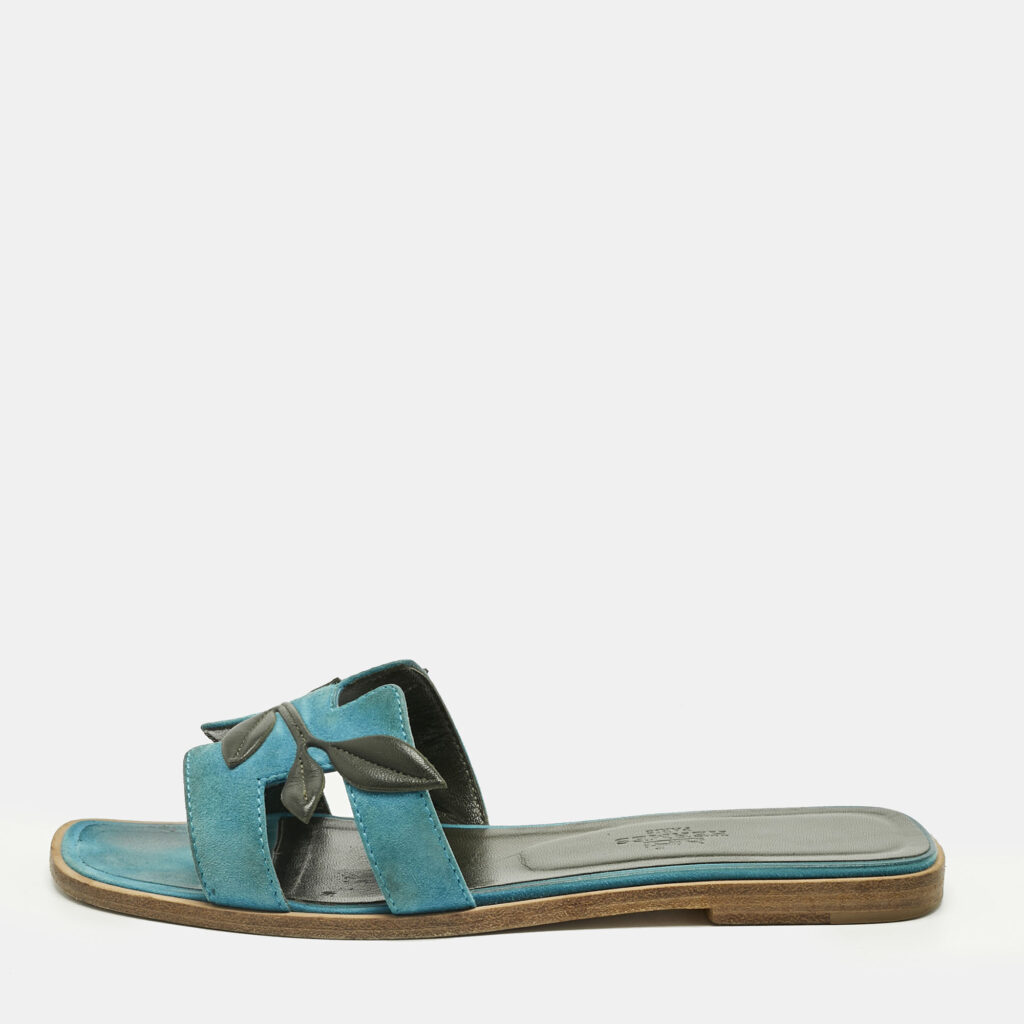 Hermes Blue/Green Leather and Suede Oran Laurier Sandals Size 36.5