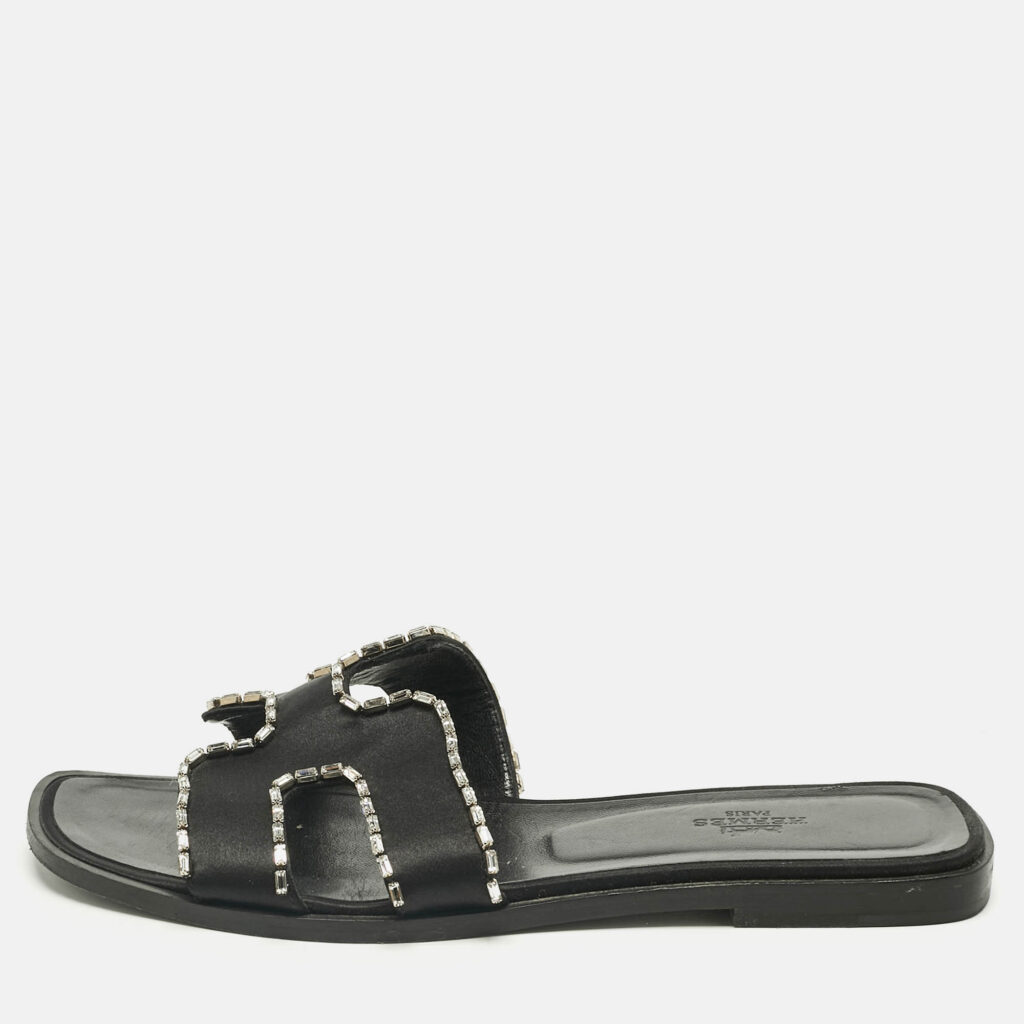 Hermes Black Satin Crystal Embellished Oran Flat Slides Size 39