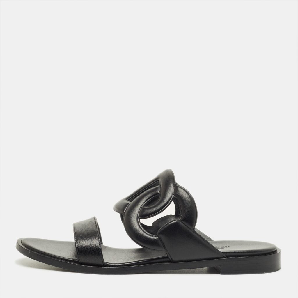 Hermes Black Leather Lagune Flat Slide Size 38