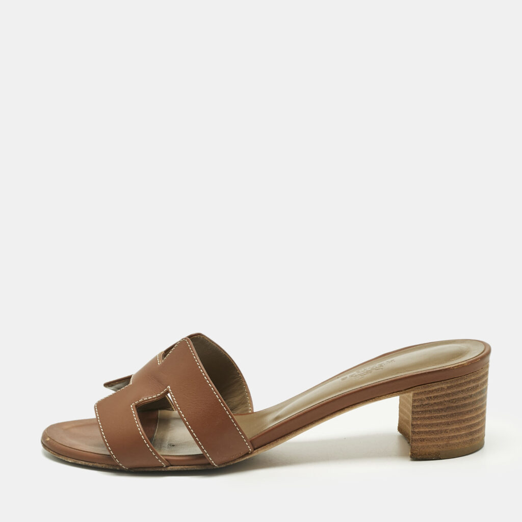 Hermes Brown Leather Oasis Block Heel Slide Sandals Size 38