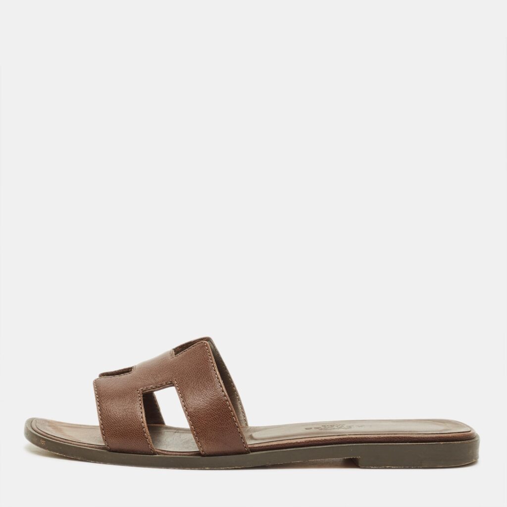 Hermes Brown Leather Oran Flat Sandals Size 35