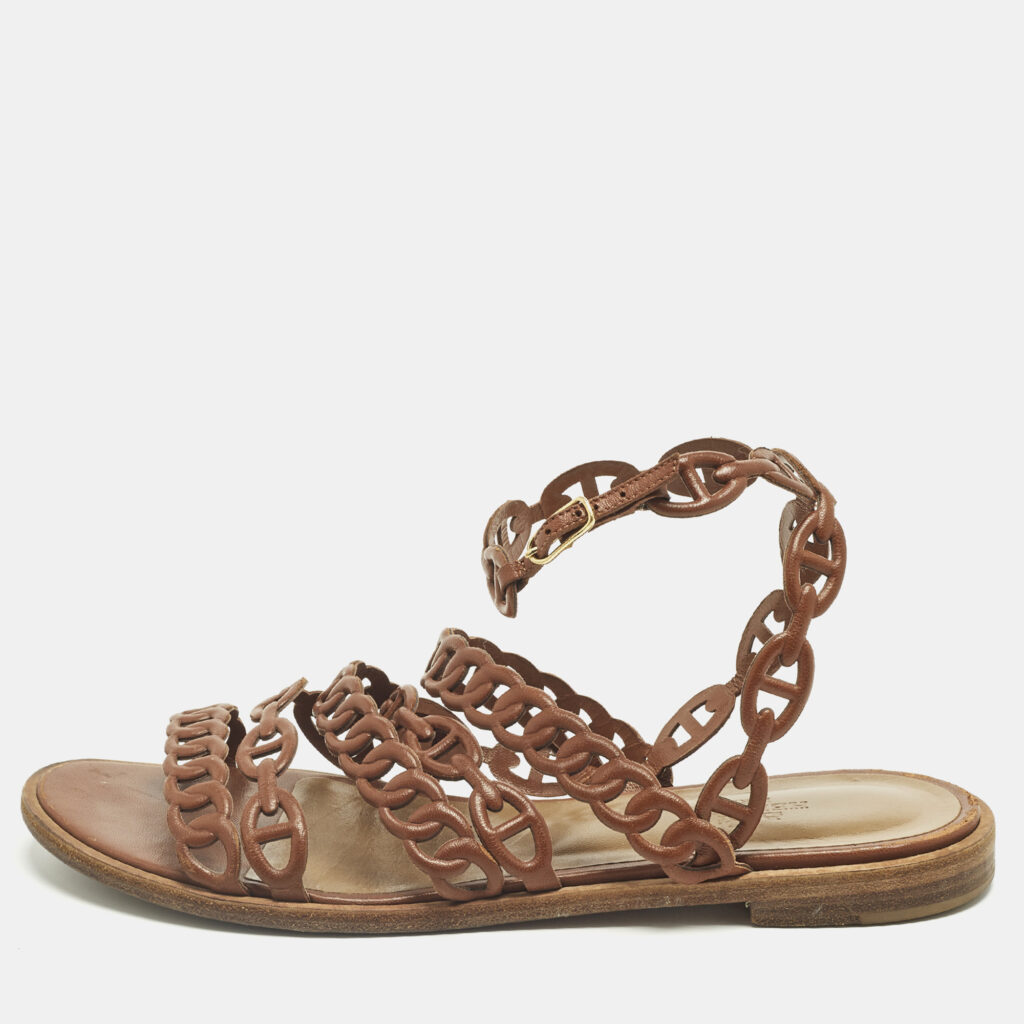 luxury-women-hermes-used-shoes-p1245695-001-1.jpg Hermes Kalliste Size 37 Brown Leather Ankle Strap Flats