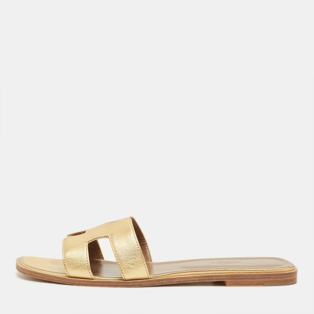 Hermes Oran Size 42 Gold Leather Flat Slide Sandals