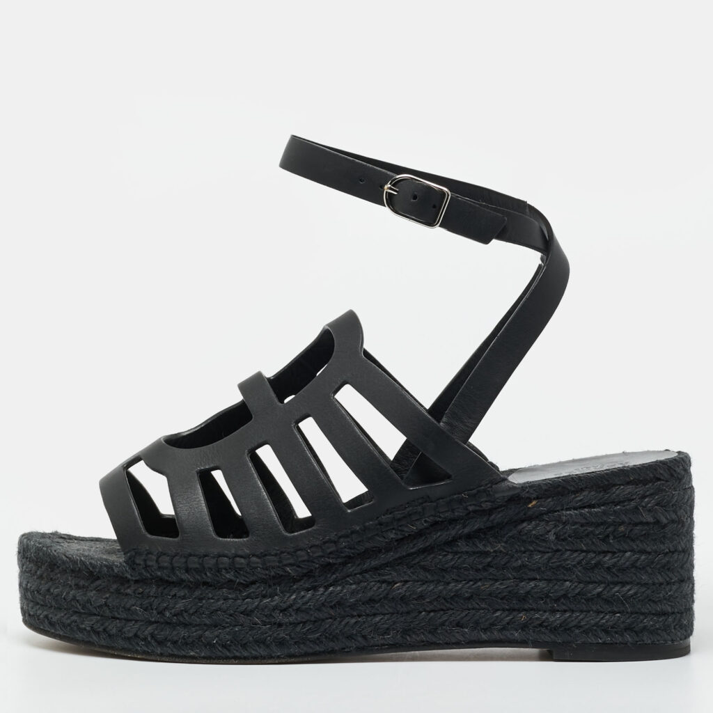 Hermes Catalya Size 38 Black Leather Espadrille Wedge Ankle Strap Sandals
