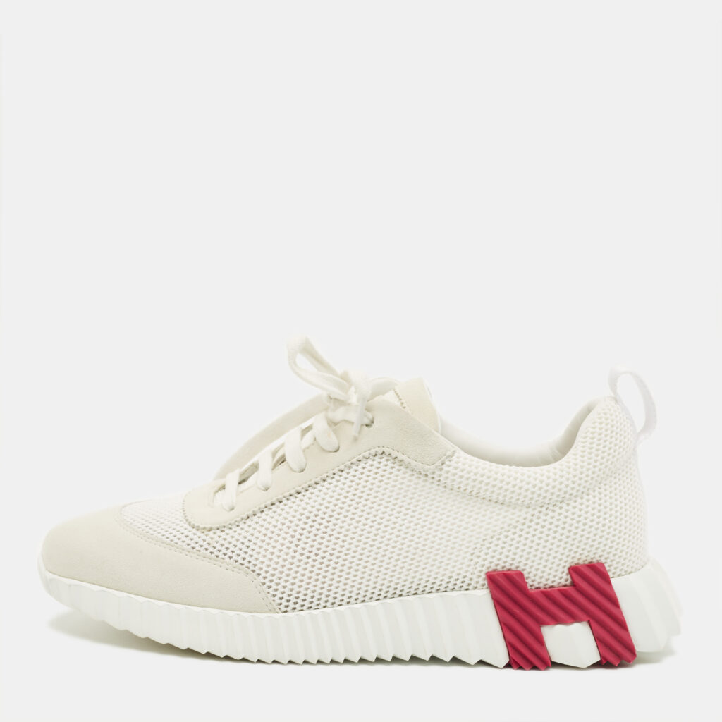 Hermes Bouncing Size 40.5 White/Light Grey Knit Fabric and Suede Sneakers