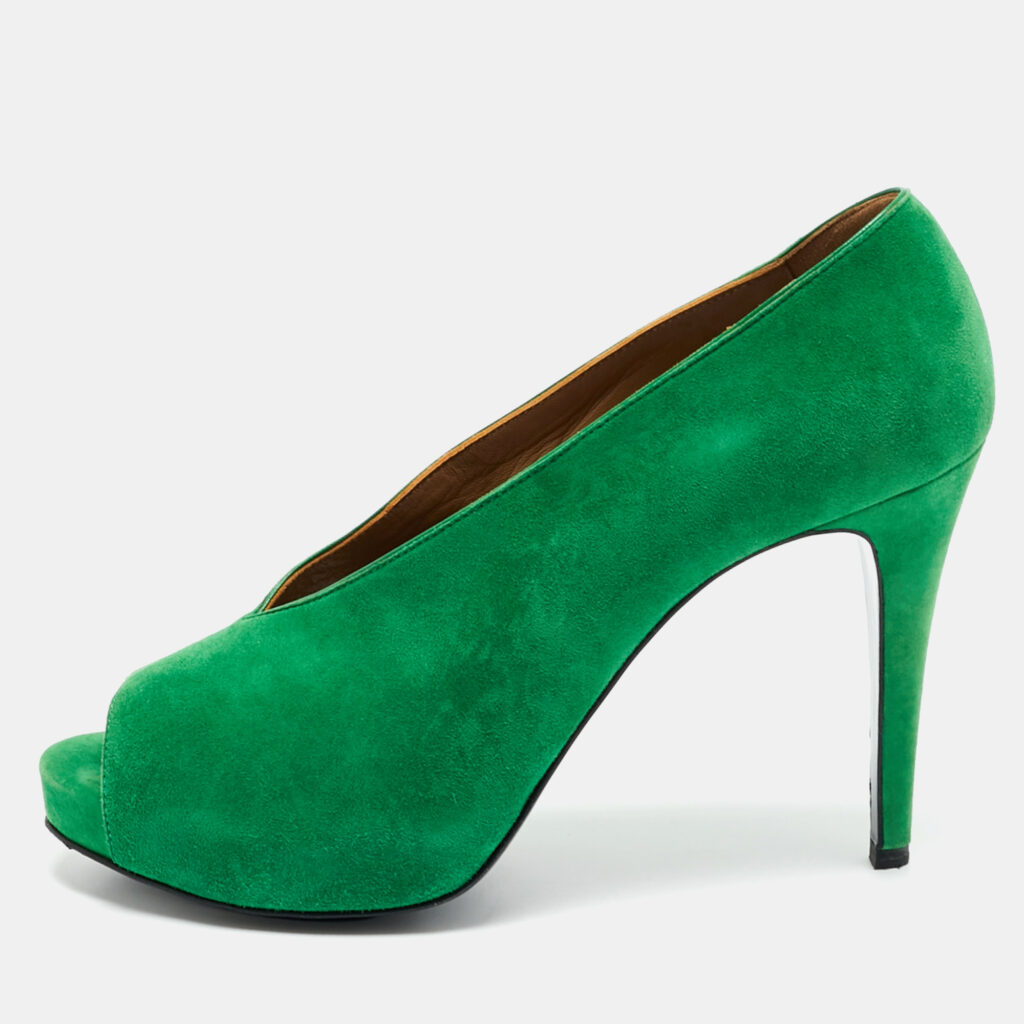 Hermes Bamboo Size 40 Green Suede Peep Toe Pumps
