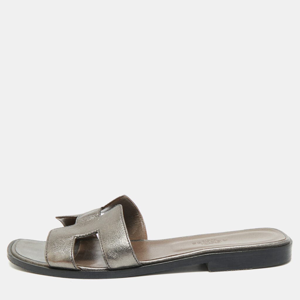 Hermes Oran Size 37 Metallic Leather Flat Slides