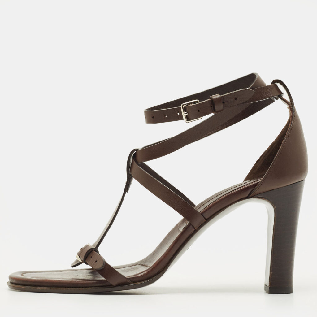 Hermès Size 39.5 Dark Brown Leather Ankle Strap Sandals