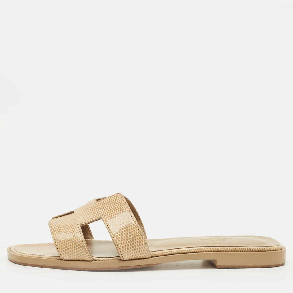 Hermès Oran Size 38 Beige Lizard Leather Flat Slides