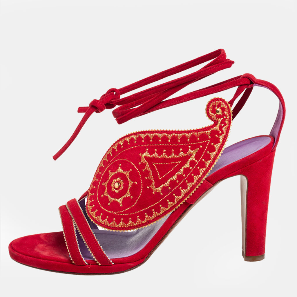 Hermes Size 39.5 Red Suede Embroidered Motif Ankle Tie Up Sandals Hermes Size 39.5 Red Suede Embroidered Motif Ankle Tie Up Sandals