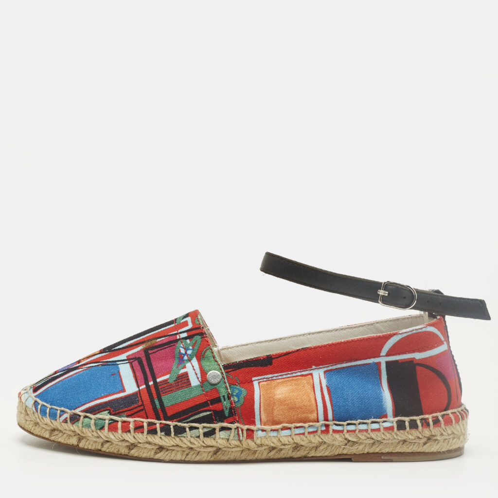 Hermes Size 38 Multicolor Canvas Ankle Strap Espadrille Flats Hermes Size 38 Multicolor Canvas Ankle Strap Espadrille Flats